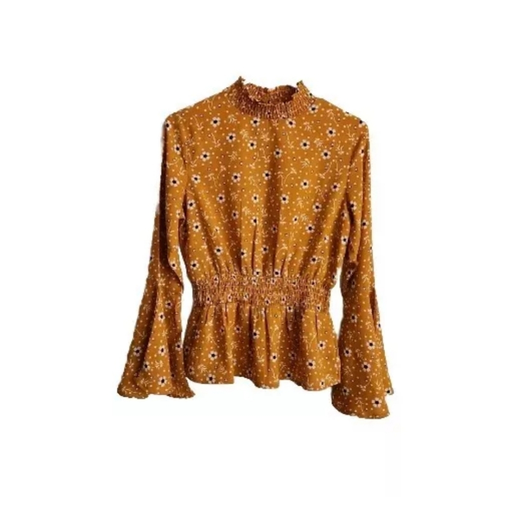 True Destiny Yellow Floral Print Bell Sleeves Blouse size small